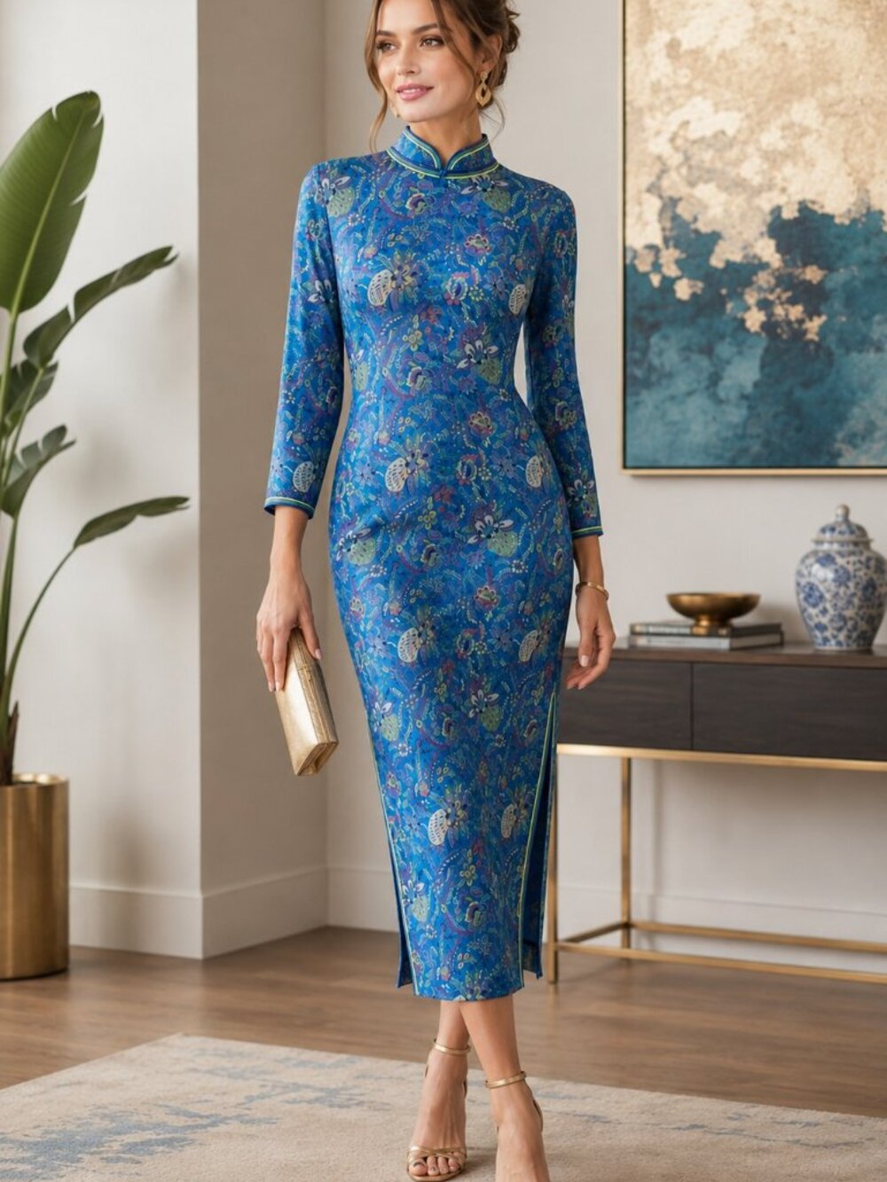 Vintage 100% Silk Blue Floral Mandarin Collar Midi Dress | Asian Inspired | Med